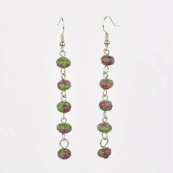 Handcrafted Faceted Ruby in Zoisite Gemstone Beads Long Dangle Earrings - Picture 1 of 1